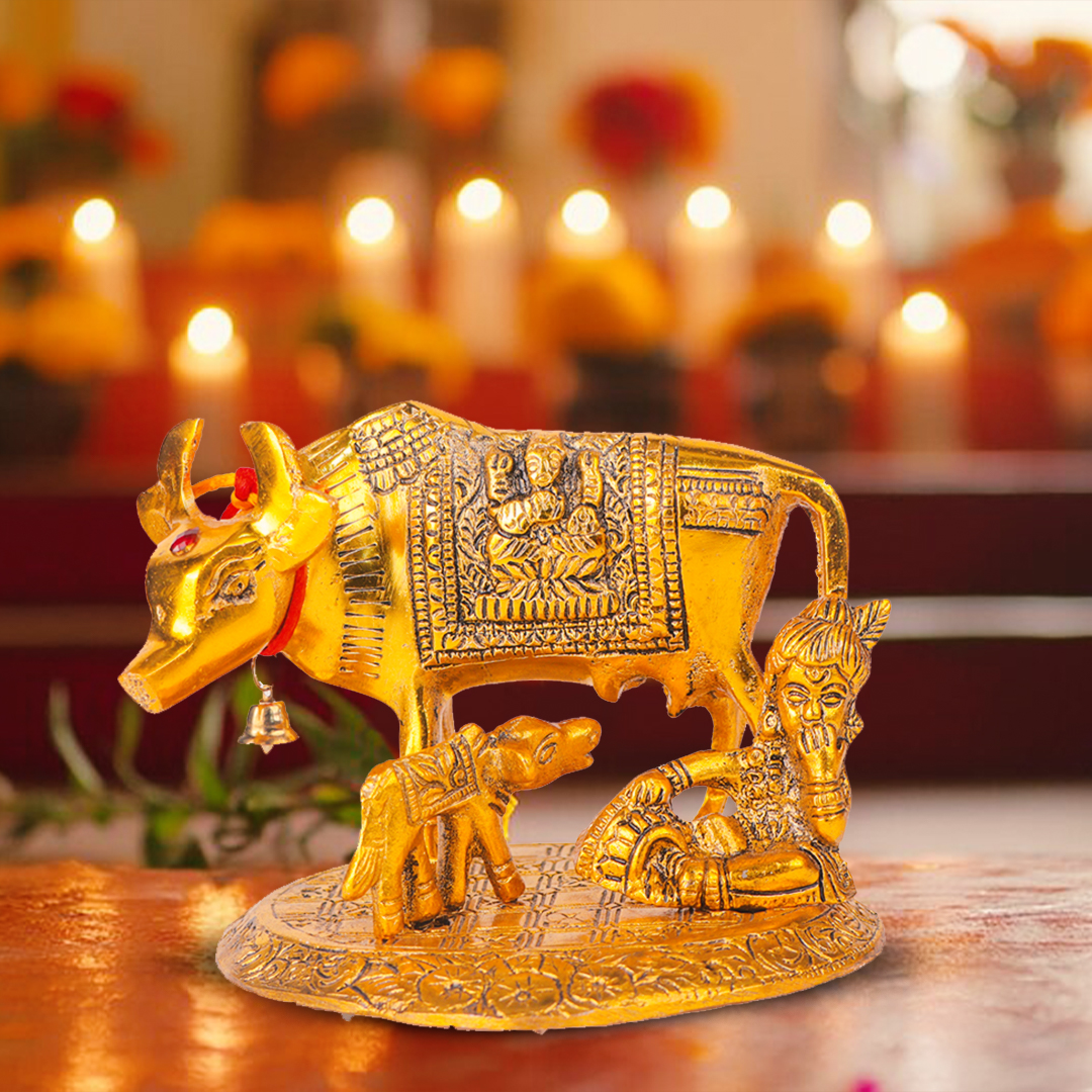 Devnidhii Kamdhenu Maa Idol With Laddu Gopal in Gold Polish Medium Size