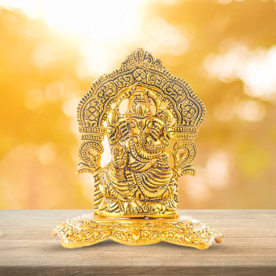 Devnidhii Ganesh Ji on Chowki (Mehrab Design) in Gold Polish