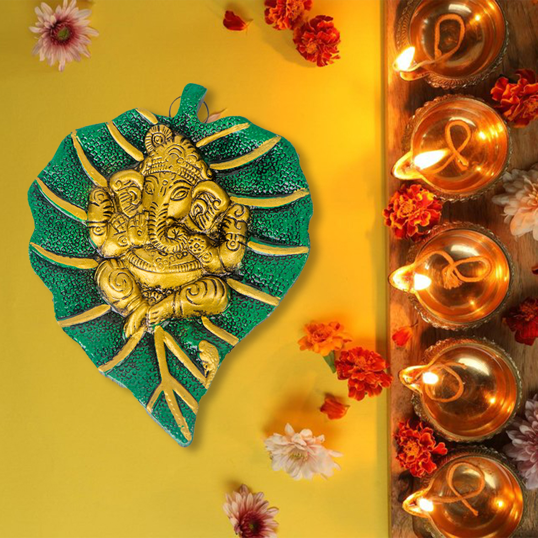 Devnidhii Ganesh Ji on Green Leaf Wall Hanging in Gold Polish Small Size