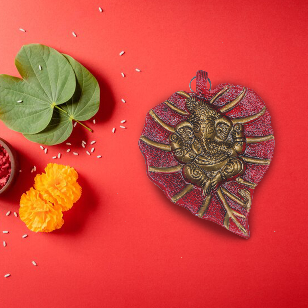Devnidhii Lord Ganesh on Red Leaf Wall Hanging in Gold Polish Small Size