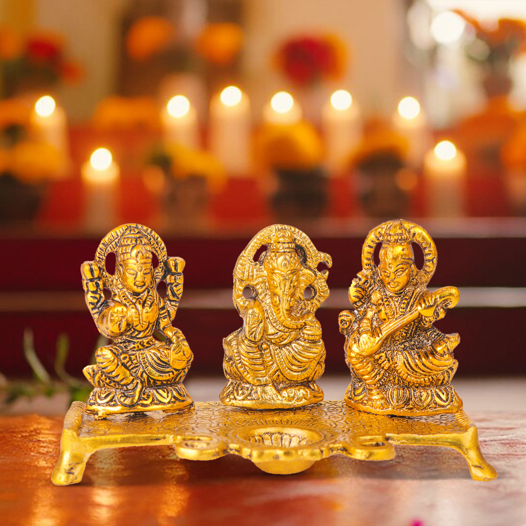 Devnidhii Diya Laxmi, Ganesh, Saraswati on Chowki in Gold Polish