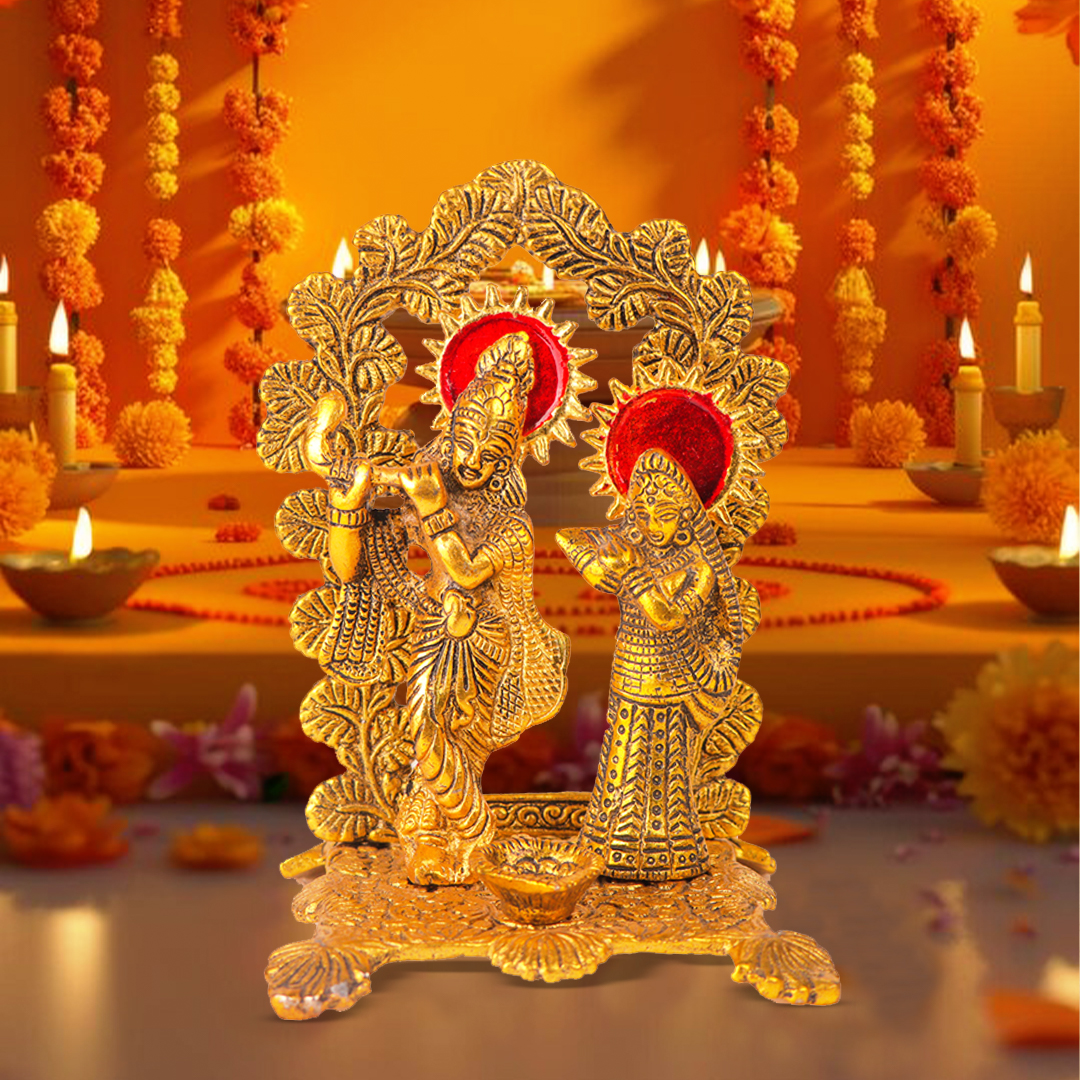 Devnidhii Diya Radha Krishna Mehrab Chowki in Gold Polish Large Size