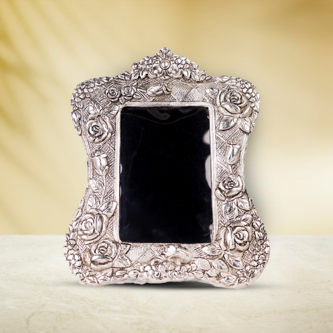 Devnidhii Photo Frame Silver Plated Rectangular Shape with Rose Flowers Carving