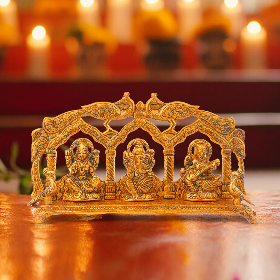 Devnidhii Laxmi, Ganesh, Saraswati Idol Peacock Mehrab in Gold Polish