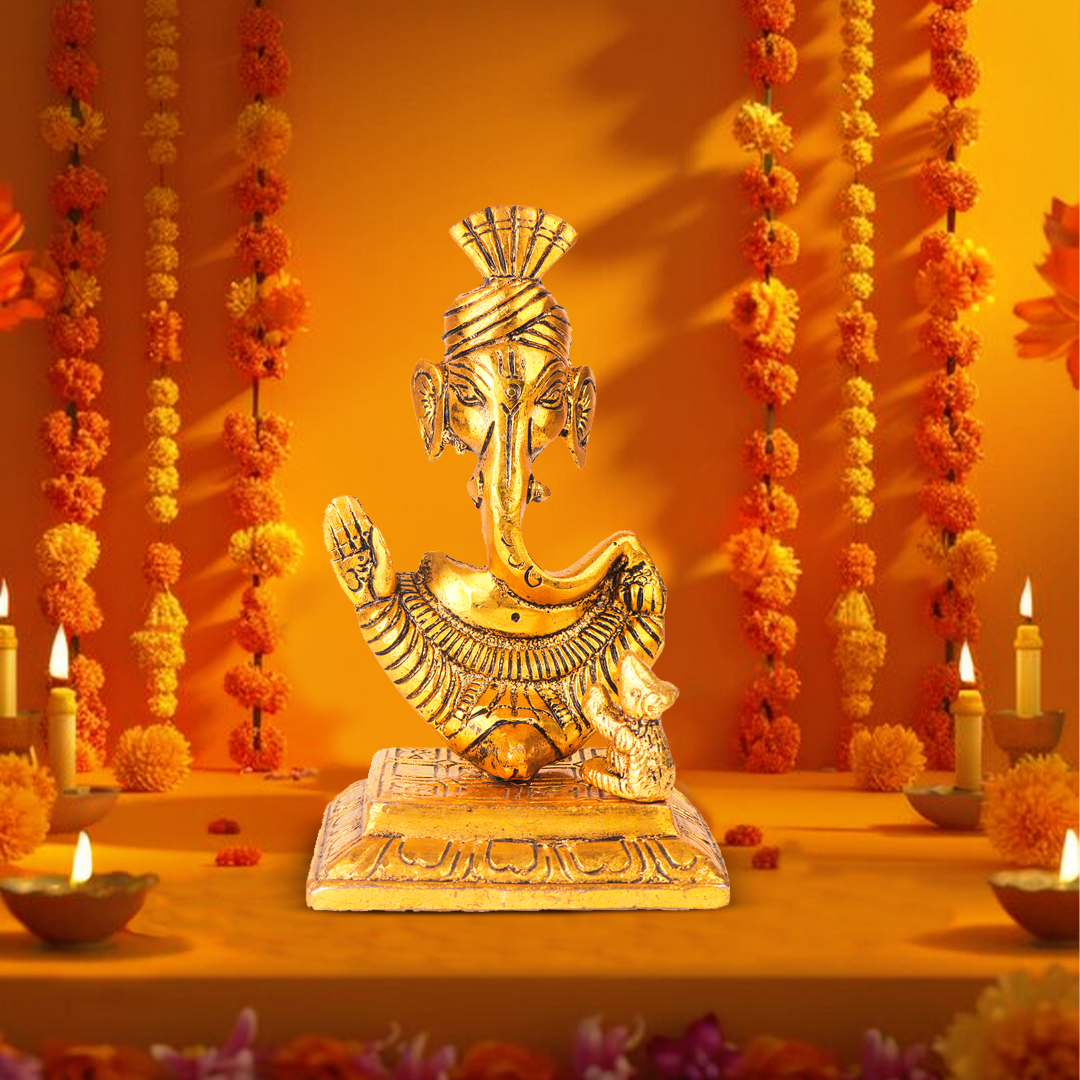 Devnidhii Ganesh Ji Idol with Mooshak Trishul Shape in Gold Polish