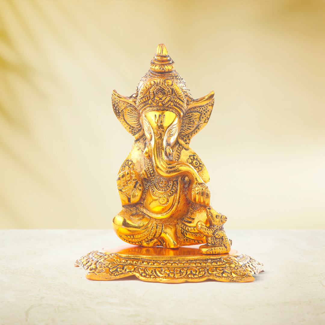 Devnidhii Ganesh Ji Idol with Mooshak in Gold Polish