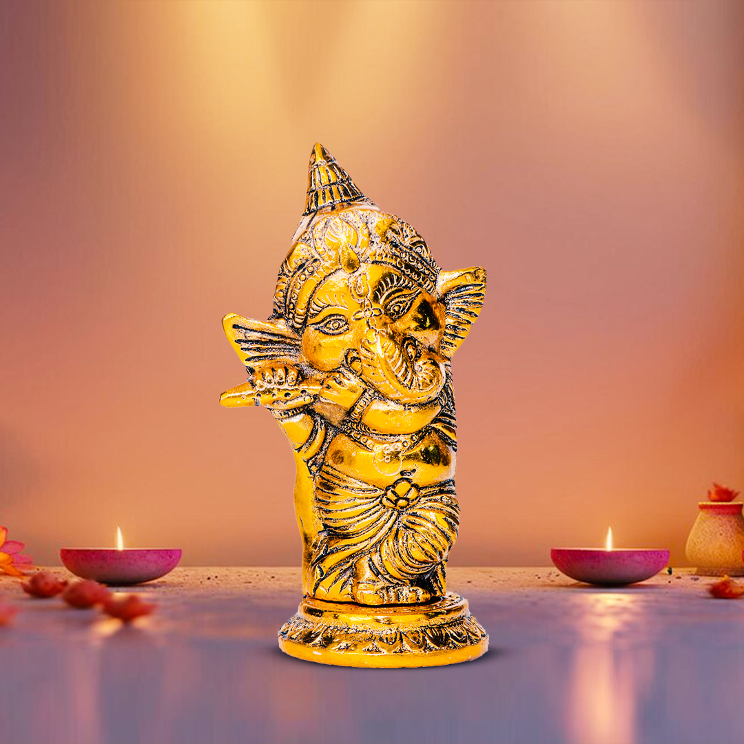 Devnidhii Ganesh Ji Idol with Bansuri in Gold Polish