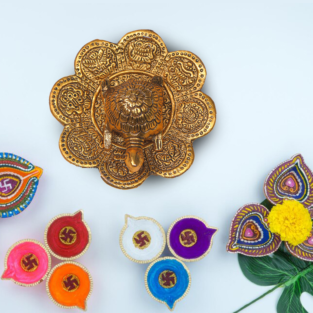 Devnidhii Tortoise/ Turtle/Kachua on Flower Plate Vastu Feng Shui in Gold Polish