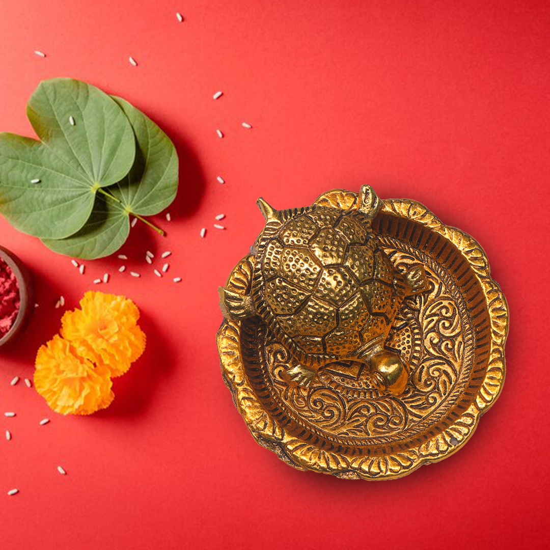 Devnidhii Tortoise/ Turtle/Kachua on Swastik Plate Vastu Feng Shui in Gold Polish