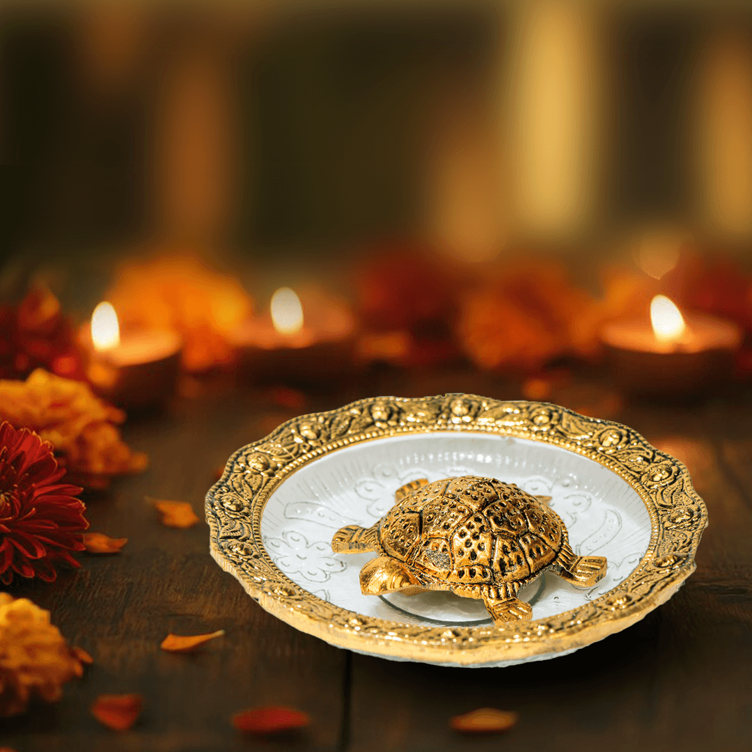 Devnidhii Tortoise/ Turtle/Kachua Gold Polish Big Size on Glass Plate Vastu Feng Shui