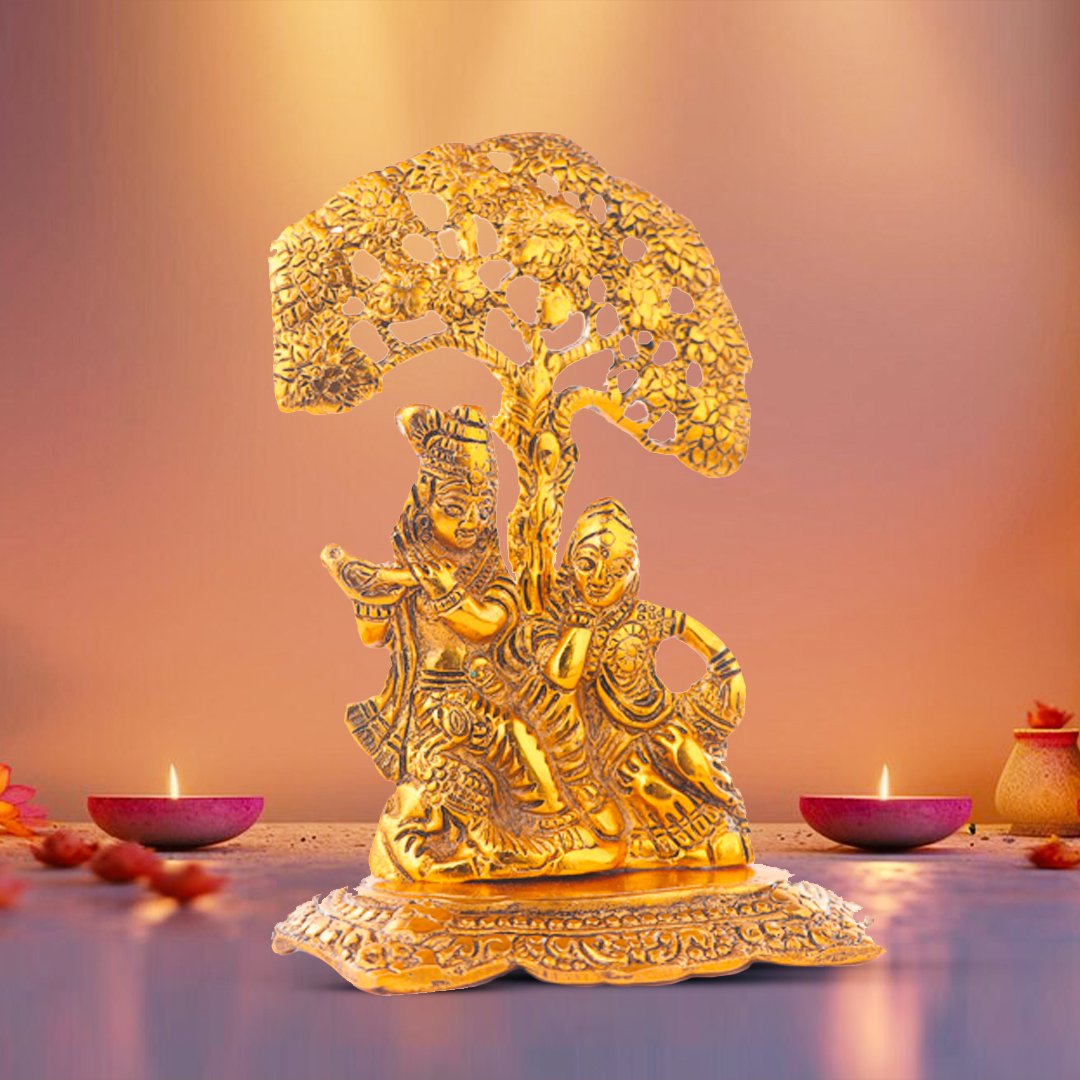 Devnidhii Radha Krishna Idol Under Wishing Tree in Gold Polish