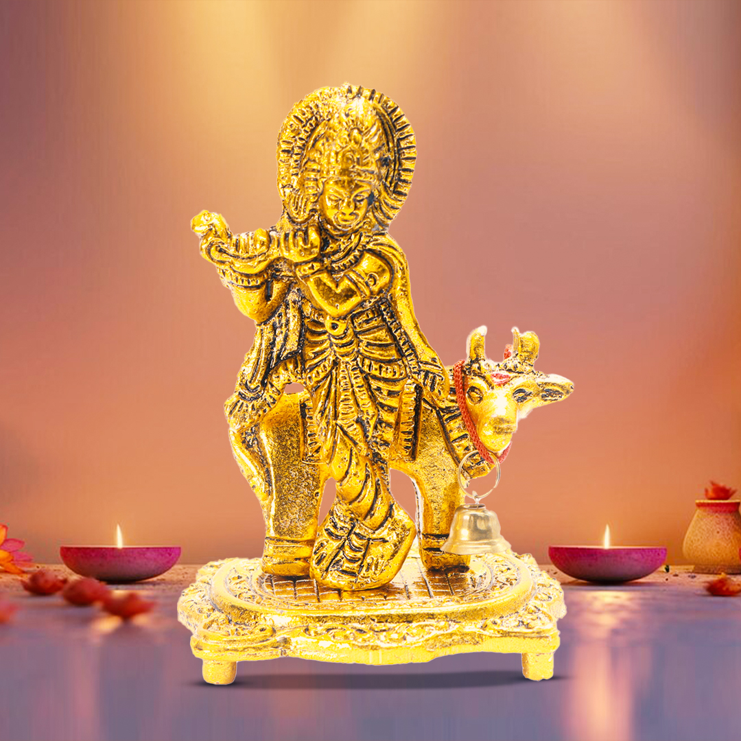 Devnidhii Krishna Ji  Idol with Kamdhenu Cow in Gold Polish Small Size