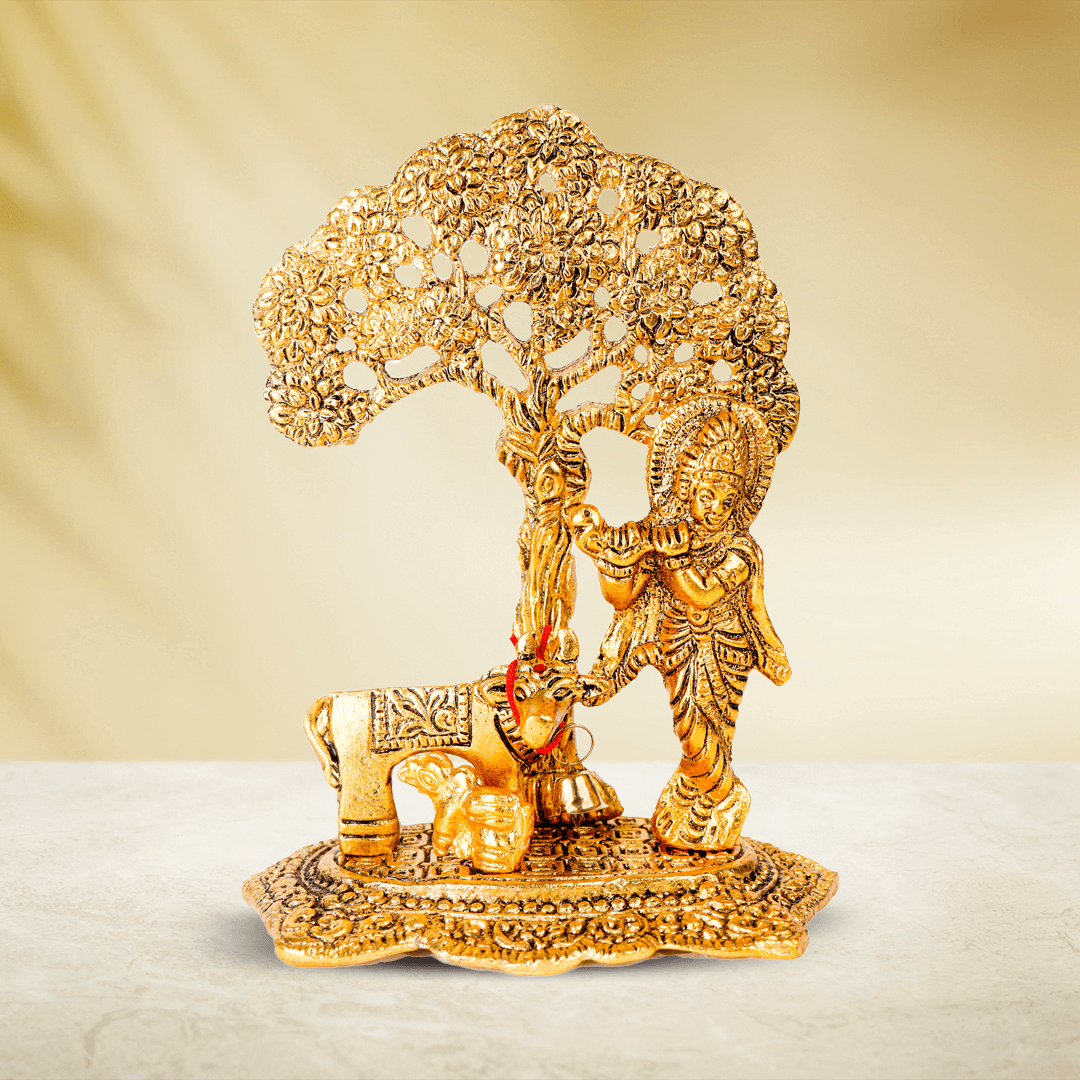 Devnidhii Krishna Ji Idol with Kamdhenu Cow in Gold Polish