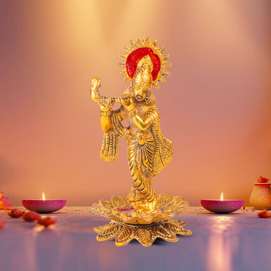 Devnidhii Krishna Ji Idol with Flute on Lotus in Gold Polish