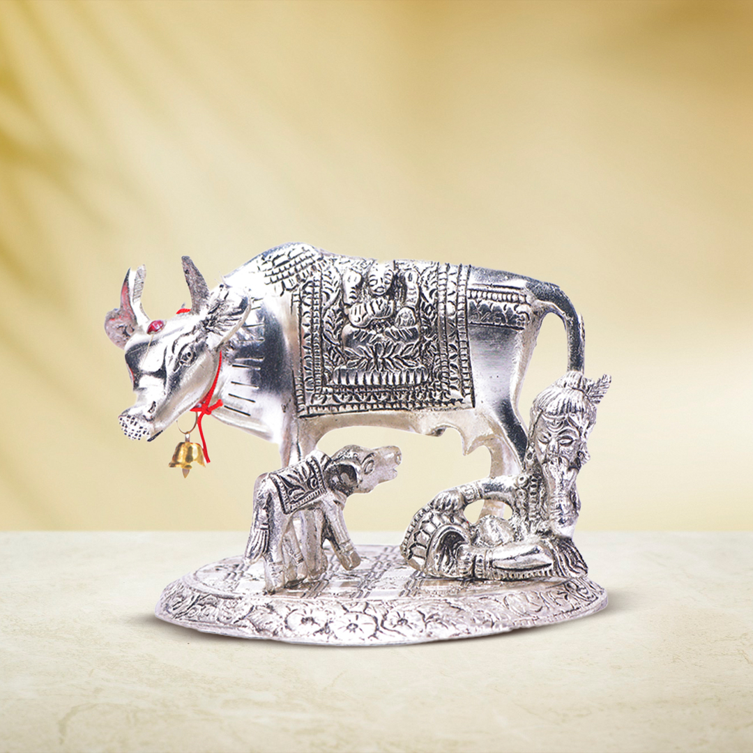 Devnidhii Kamdhenu Maa Silver Plated Idol With Laddu Gopal Design 1