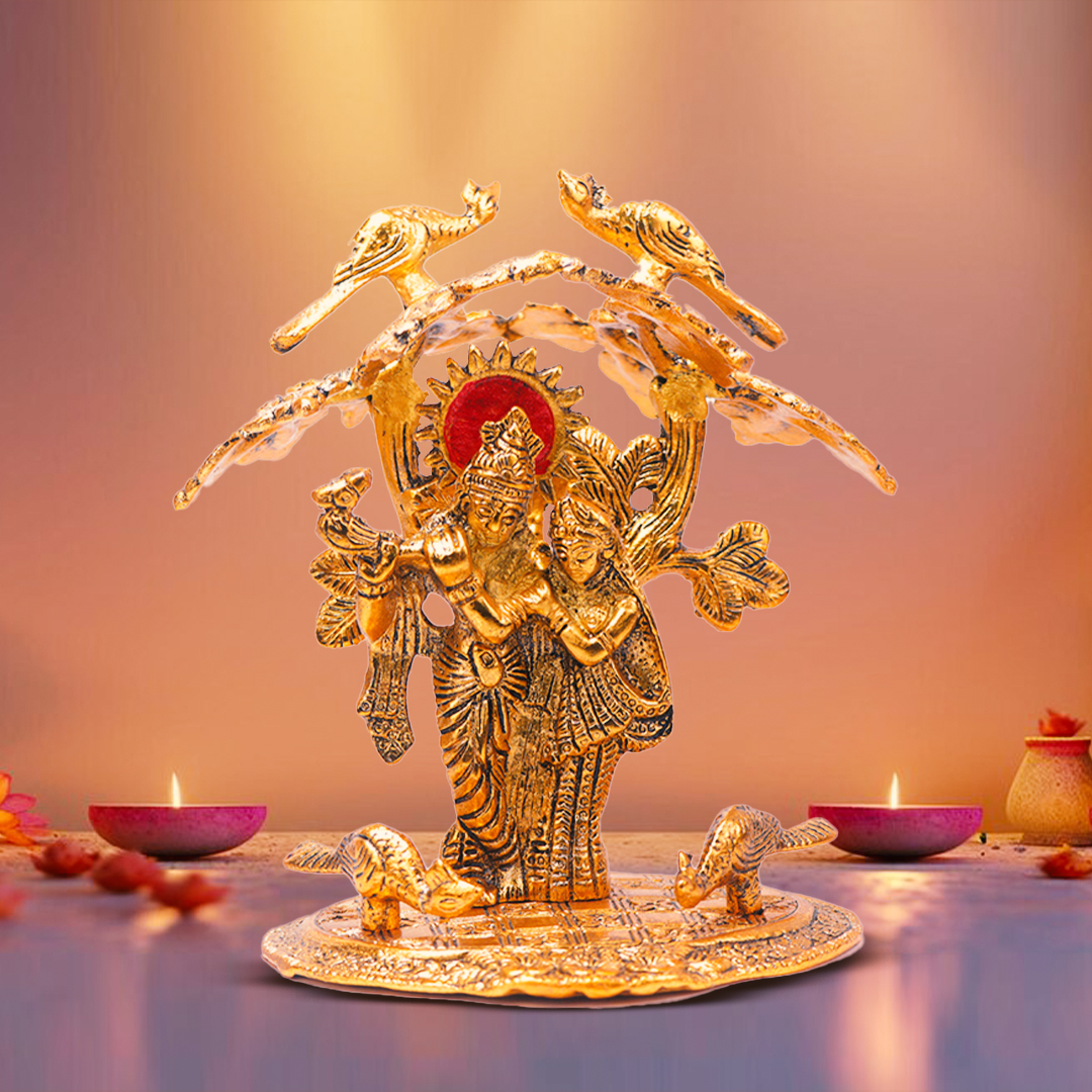 Devnidhii Radha Krishna Idol under Tree in Gold Polish