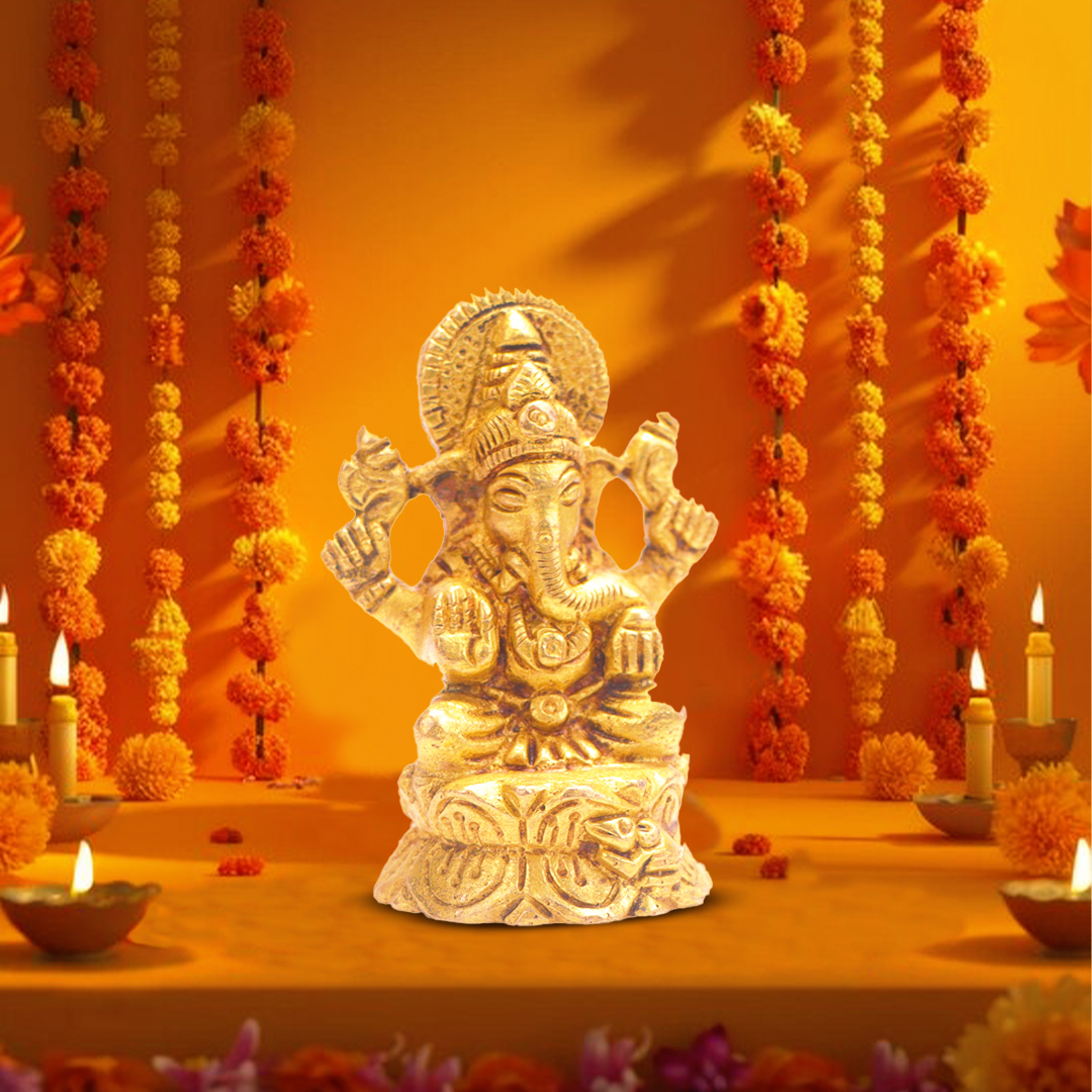 Devnidhii Ganesh Ji Brass Idol On Chowki Small Size