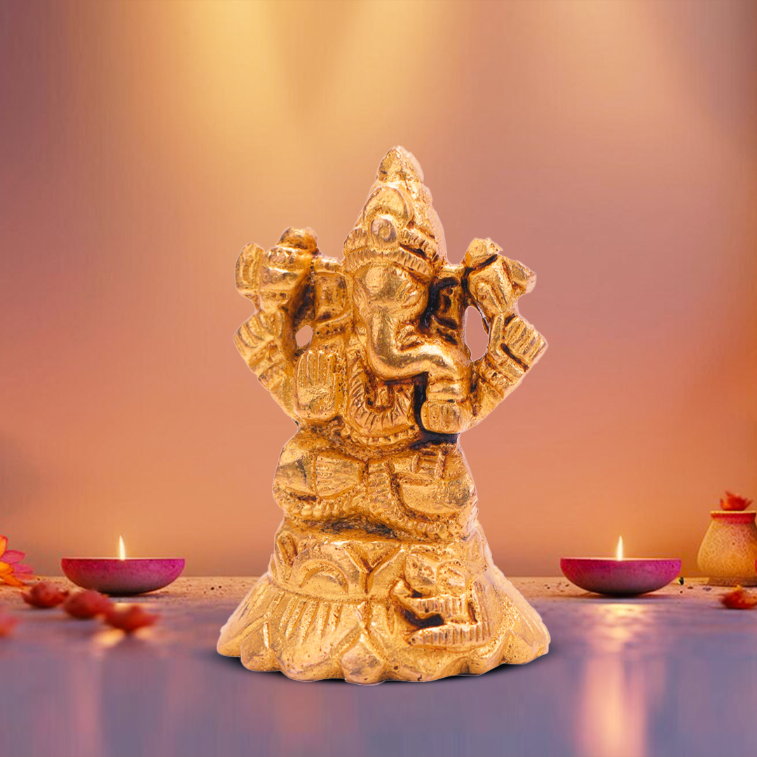 Devnidhii Ganesh Ji Brass Idol On Lotus Small Size