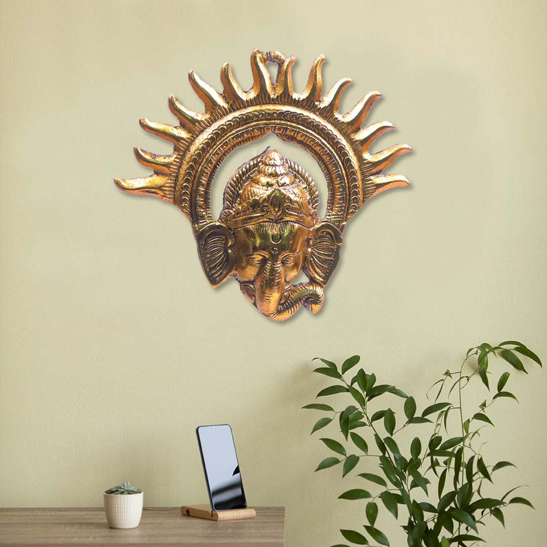 Devnidhii Ganesh Ji with Surya Mukut Wall Hanging in Gold Polish