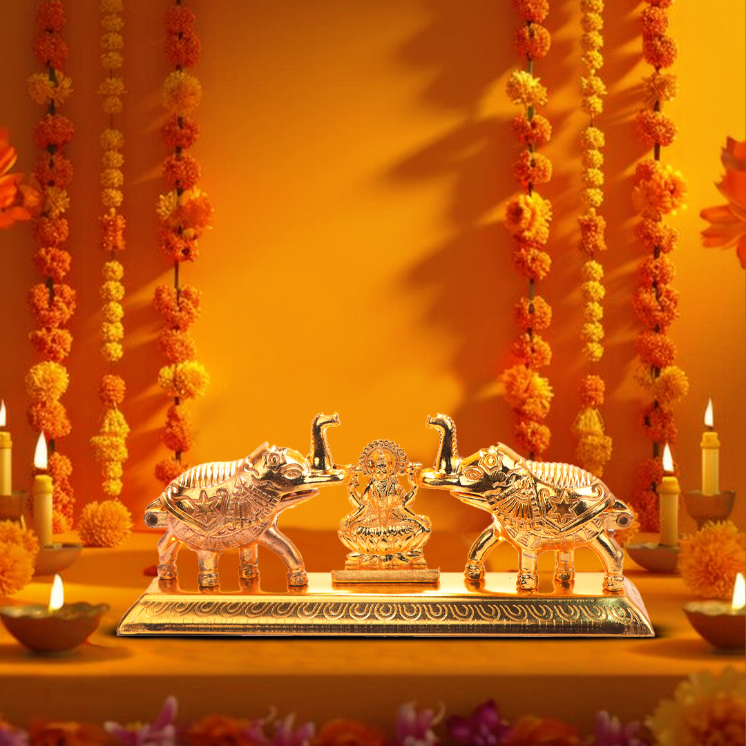 Devnidhii Kumkum/ Sindoor Box Gaj Laxmi Maa Dibbi in Gold Polish