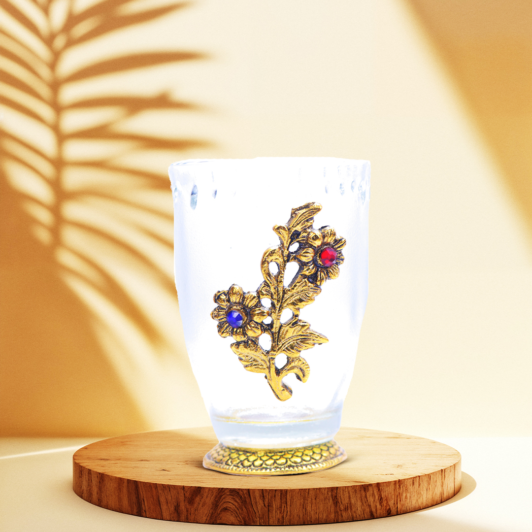 Devnidhii Glass Serving Tray With 6 Glasses in Gold Polish