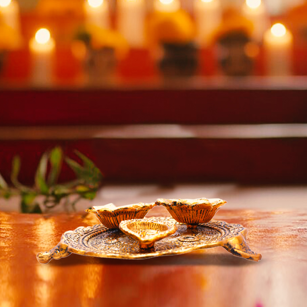 Devnidhii Pooja Thali Set 3+1 Gold Polish Medium Size