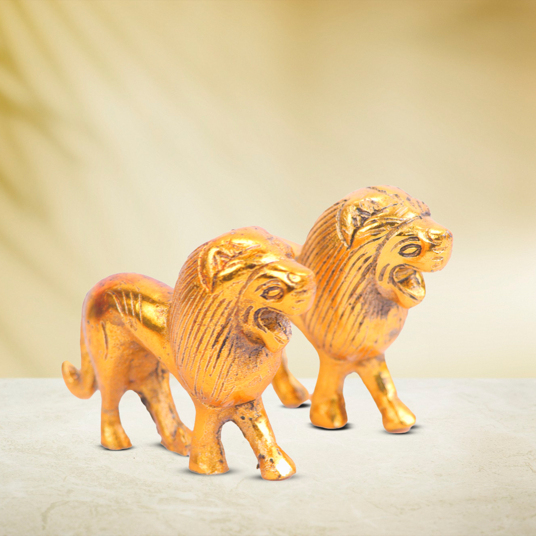 Devnidhii Lion Pair in Gold Polish Vastu/ Fengshui