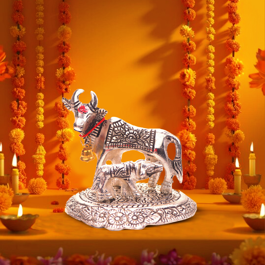 Devnidhii Kamdhenu Silver Plated in Small Size