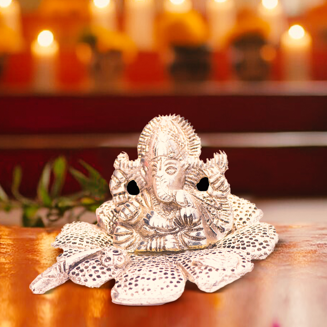 Devnidhii Ganesh Ji Silver Plated Idol on Flower