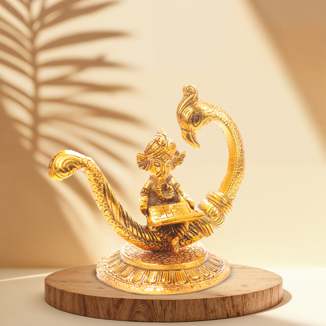 Devnidhii Ganesh Ji Idol with Laptop in Gold Polish