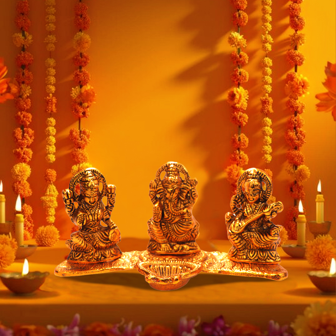 Devnidhii Diya Laxmi, Ganesh, Saraswati on Banana Leaves in Gold Polish