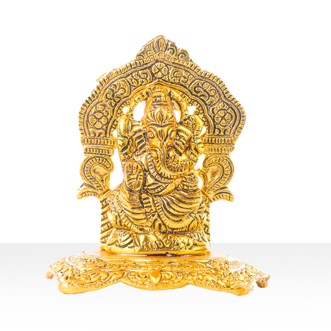 Devnidhii Ganesh Ji on Chowki (Mehrab Design) in Gold Polish