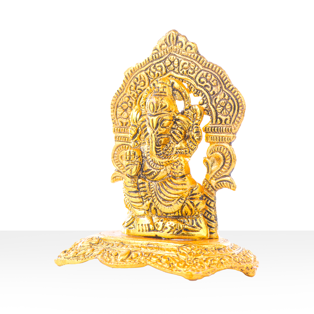 Devnidhii Ganesh Ji on Chowki (Mehrab Design) in Gold Polish