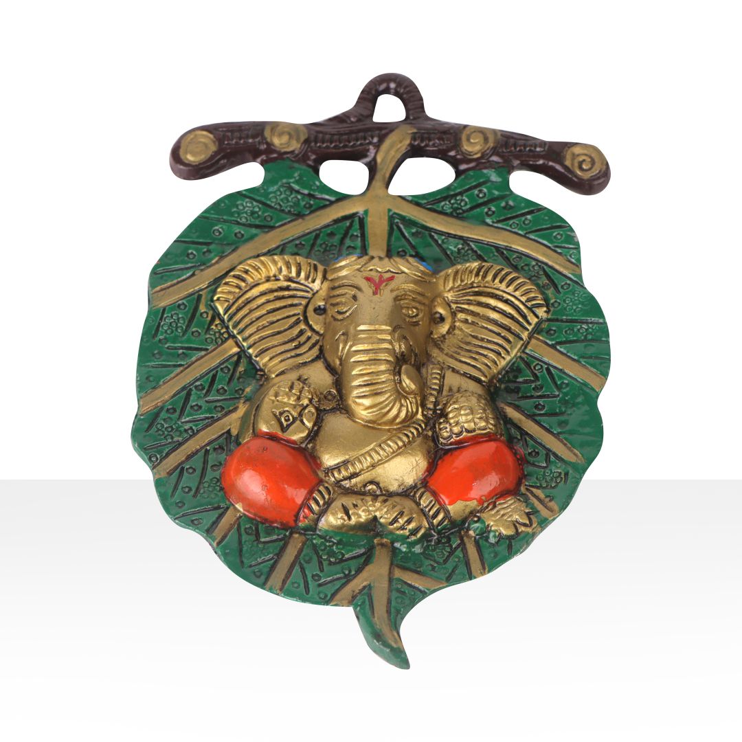 Devnidhii Ganesh Ji on Green Leaf Wall Hanging in Gold Polish