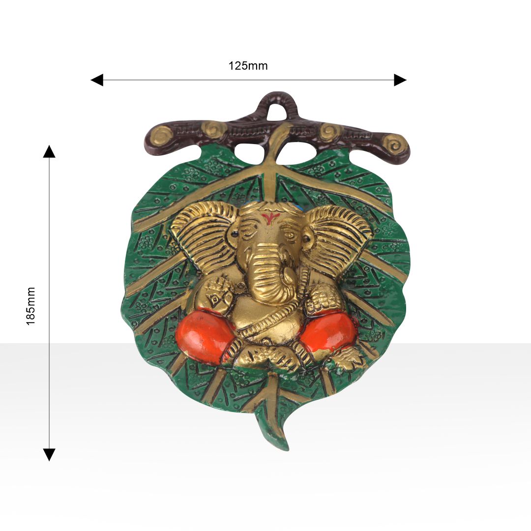 Devnidhii Ganesh Ji on Green Leaf Wall Hanging in Gold Polish