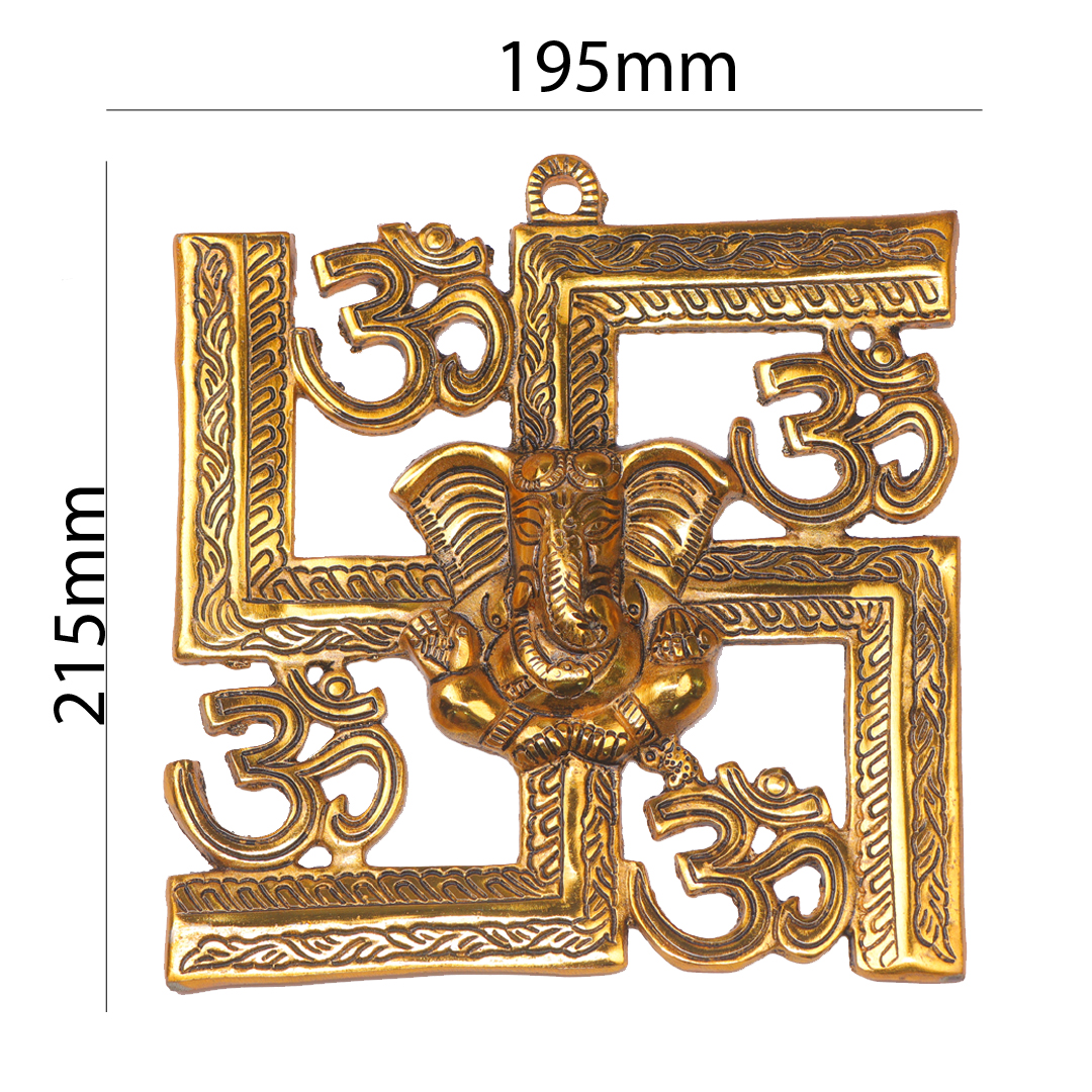 Devnidhii Ganesh Ji on Swastik and Om Wall Hanging in Gold Polish