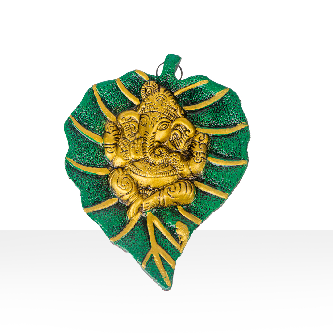 Devnidhii Ganesh Ji on Green Leaf Wall Hanging in Gold Polish Small Size