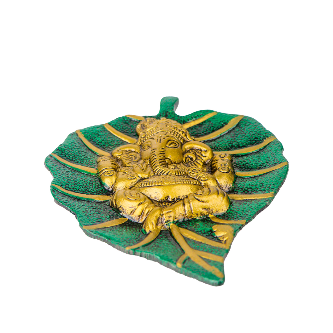 Devnidhii Ganesh Ji on Green Leaf Wall Hanging in Gold Polish Small Size