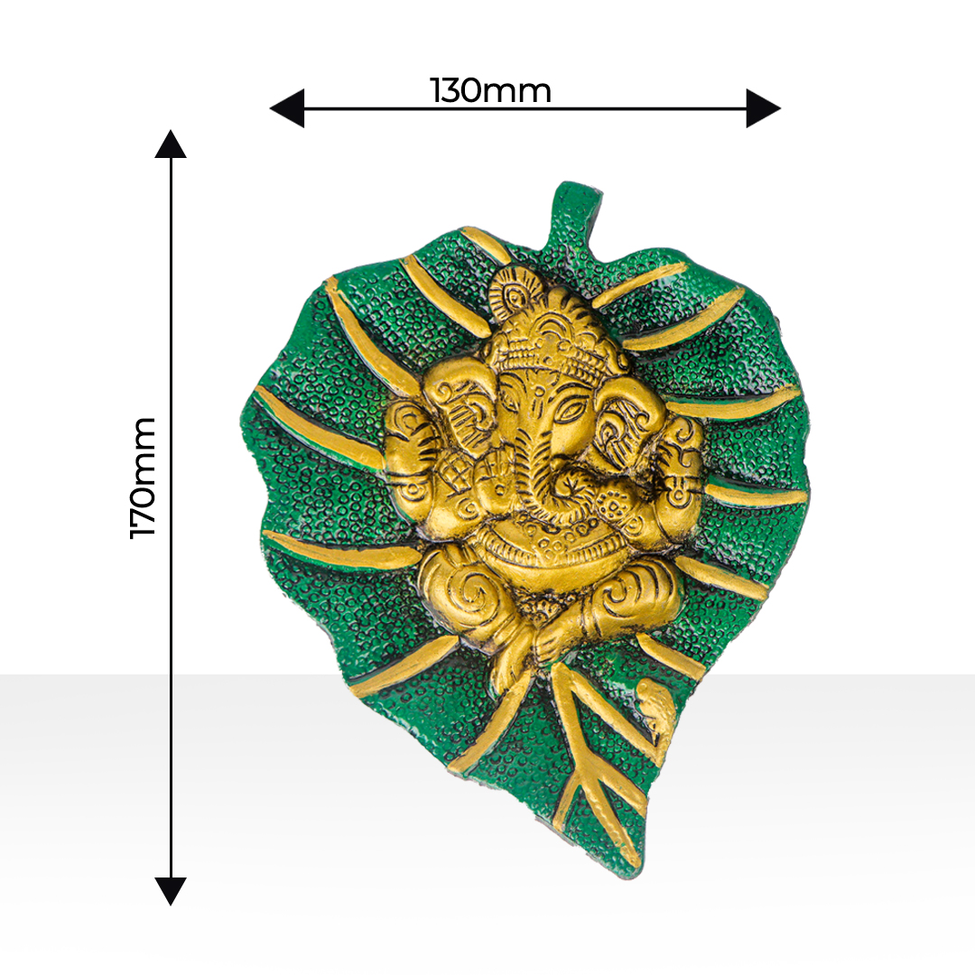 Devnidhii Ganesh Ji on Green Leaf Wall Hanging in Gold Polish Small Size