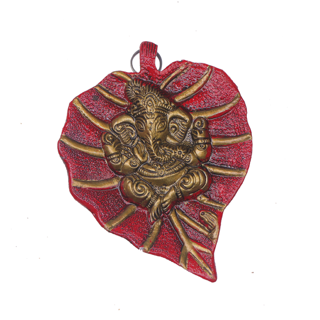 Devnidhii Lord Ganesh on Red Leaf Wall Hanging in Gold Polish Small Size
