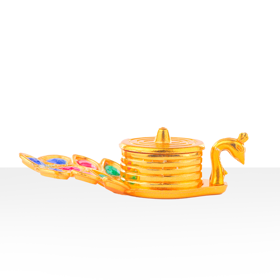 Devnidhii Kumkum/ Sindoor Box Peacock with Stone Dibbi in Gold Polish
