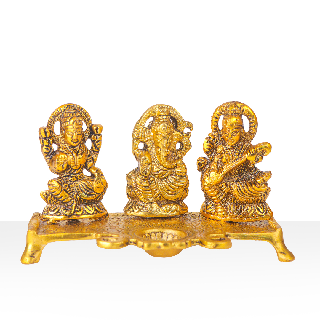 Devnidhii Diya Laxmi, Ganesh, Saraswati on Chowki in Gold Polish