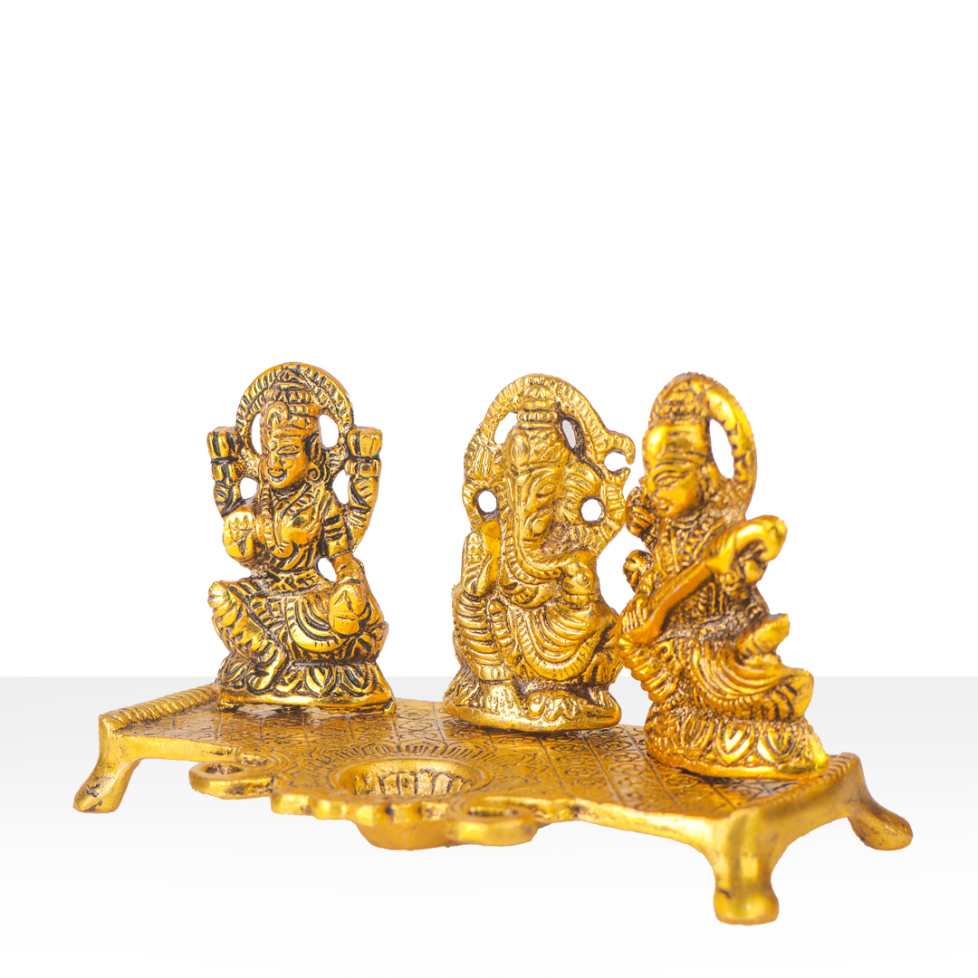 Devnidhii Diya Laxmi, Ganesh, Saraswati on Chowki in Gold Polish