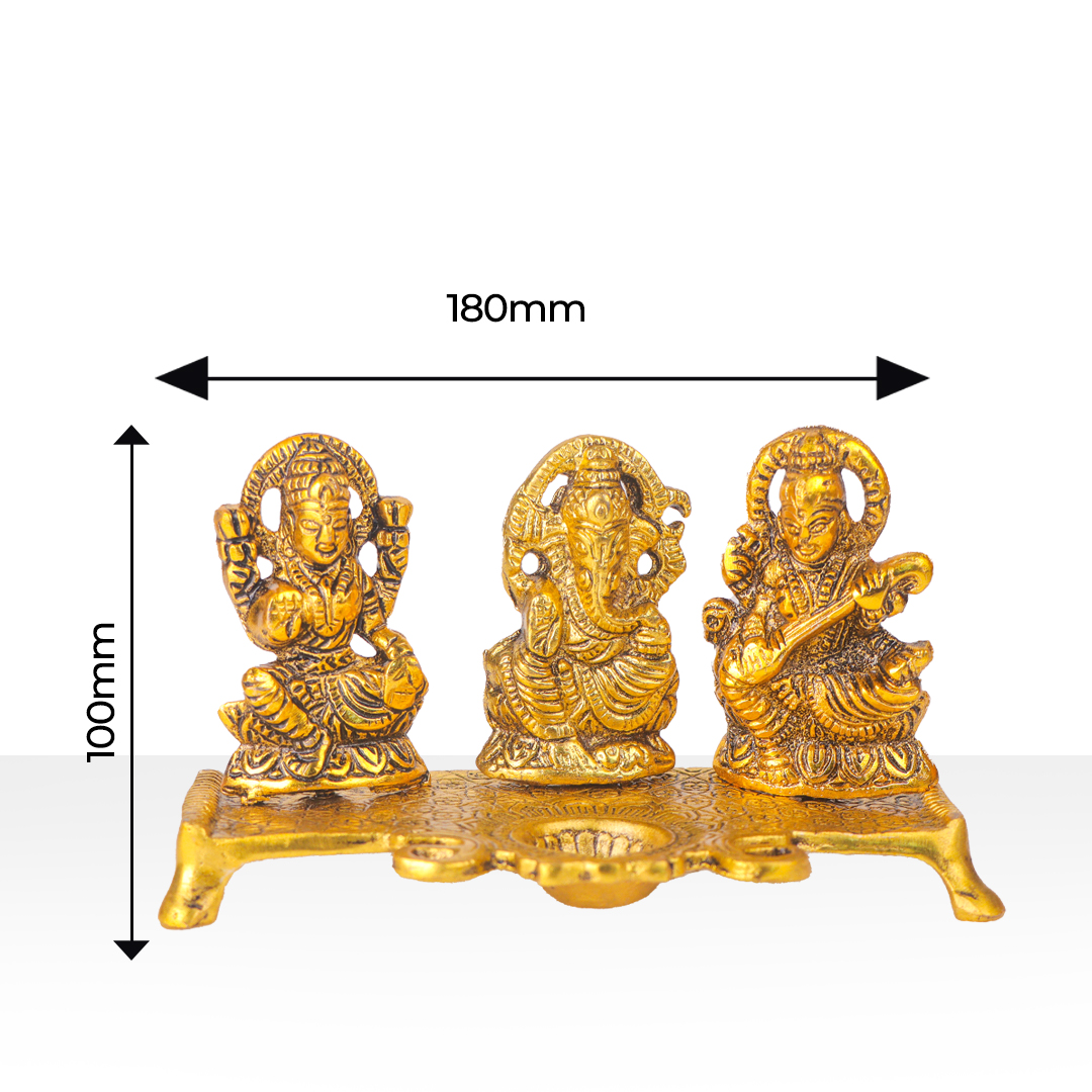 Devnidhii Diya Laxmi, Ganesh, Saraswati on Chowki in Gold Polish