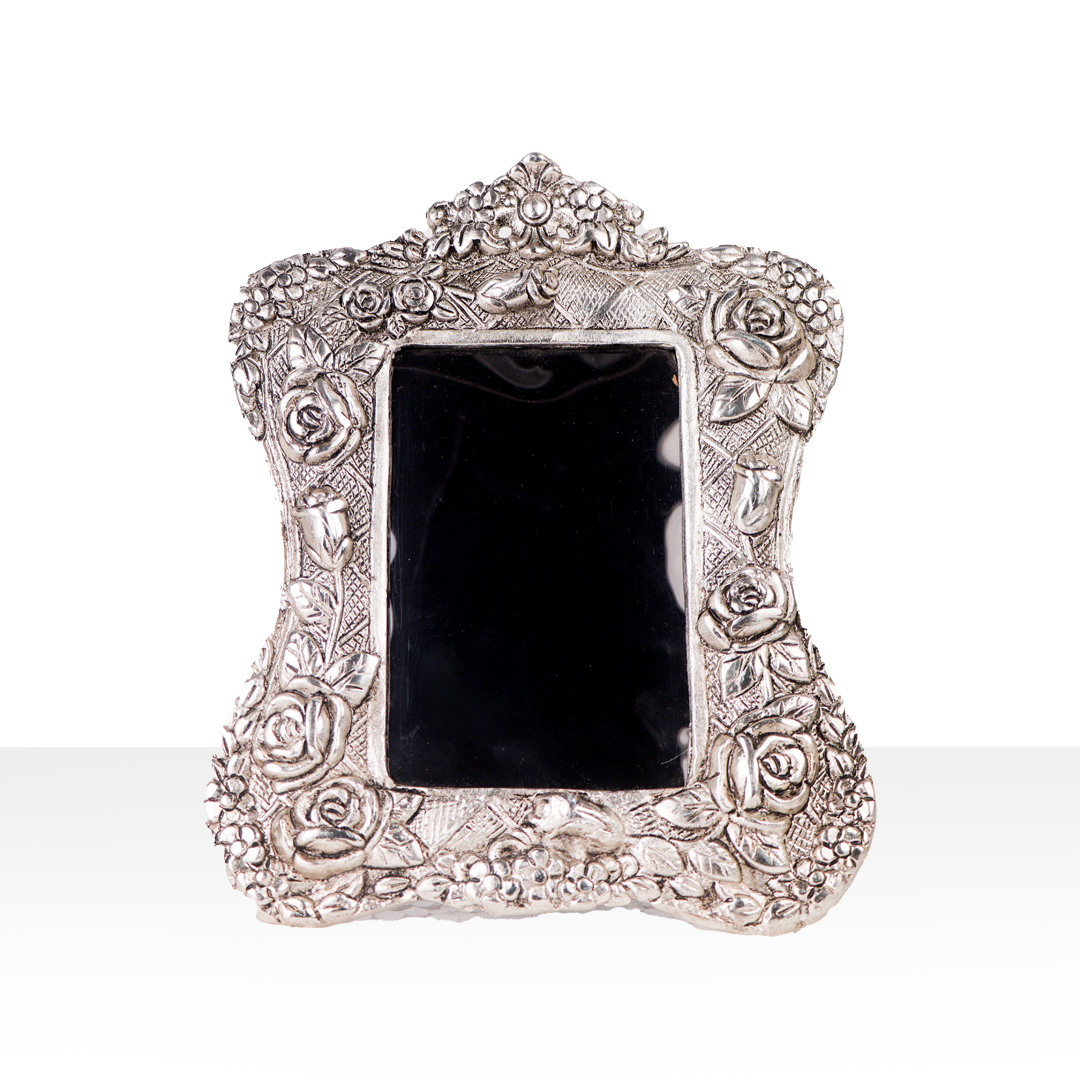 Devnidhii Photo Frame Silver Plated Rectangular Shape with Rose Flowers Carving