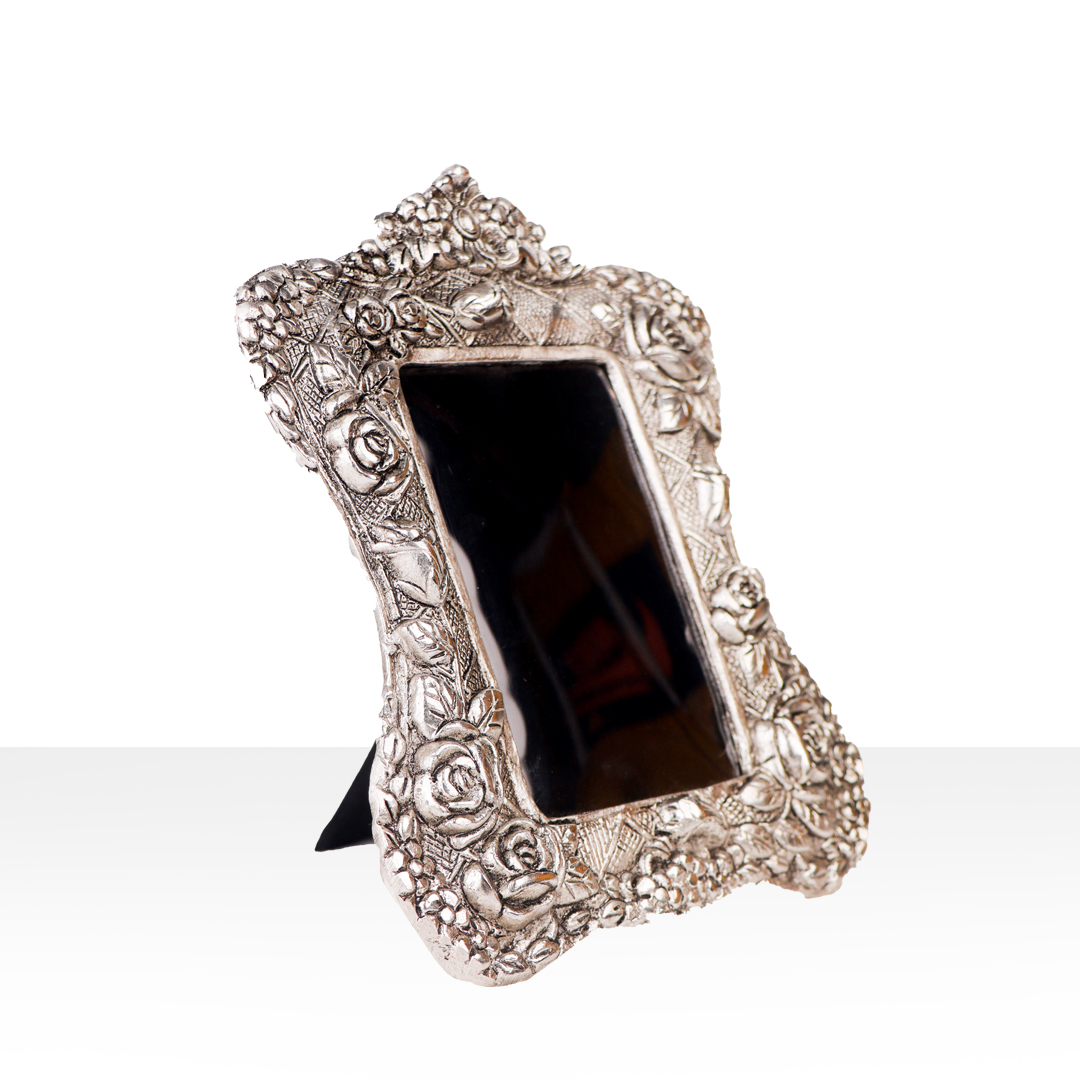 Devnidhii Photo Frame Silver Plated Rectangular Shape with Rose Flowers Carving