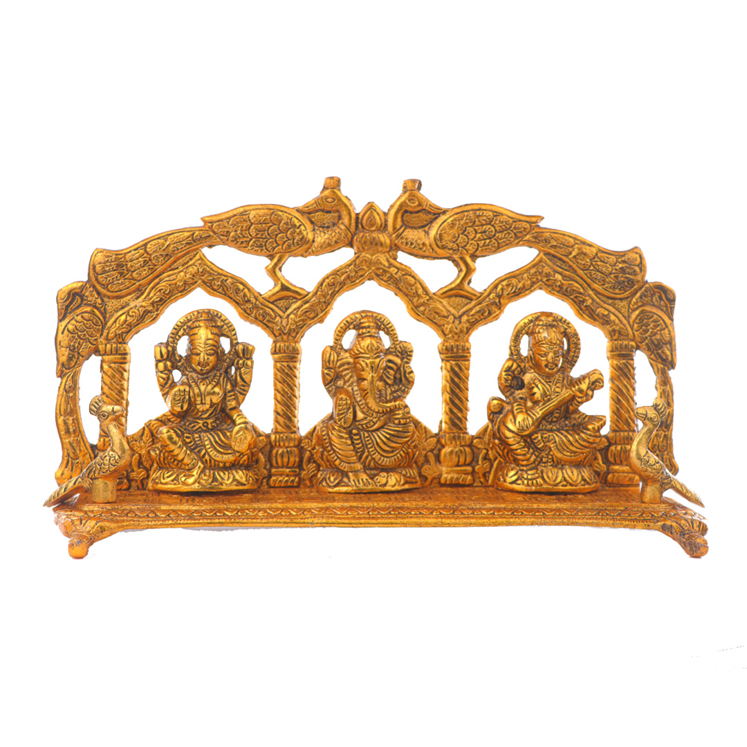 Devnidhii Laxmi, Ganesh, Saraswati Idol Peacock Mehrab in Gold Polish