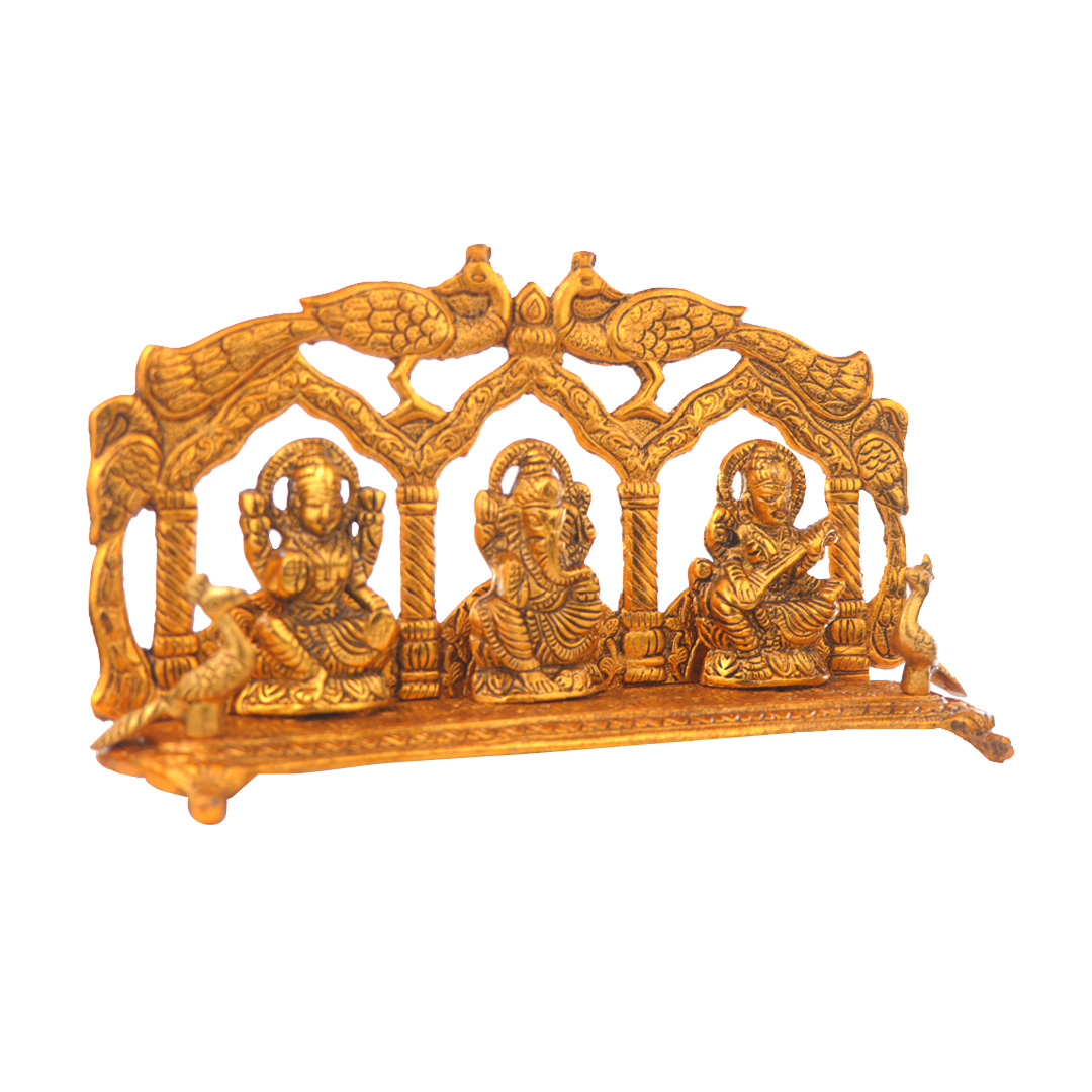 Devnidhii Laxmi, Ganesh, Saraswati Idol Peacock Mehrab in Gold Polish