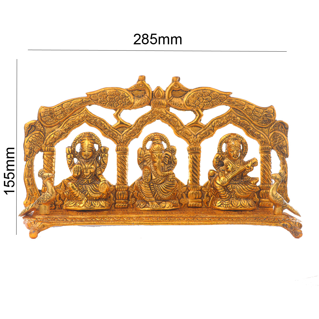 Devnidhii Laxmi, Ganesh, Saraswati Idol Peacock Mehrab in Gold Polish