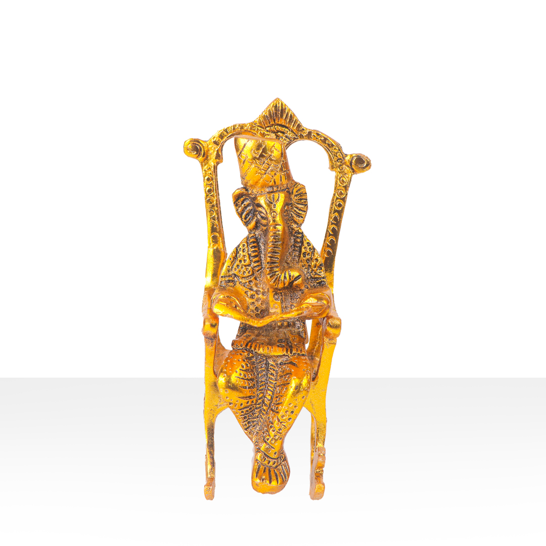 Devnidhii Ganesh Ji Idol Reading Scripture on Chair in Gold Polish